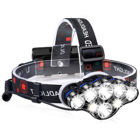 Lampe frontale, lampe frontale 8 LED 8 modes d'éclairage, lampe frontale LED super puissante rechargeable par USB réglable à 90° étanche et légère, adaptée pour la pêche, le camping, la lecture, la ra