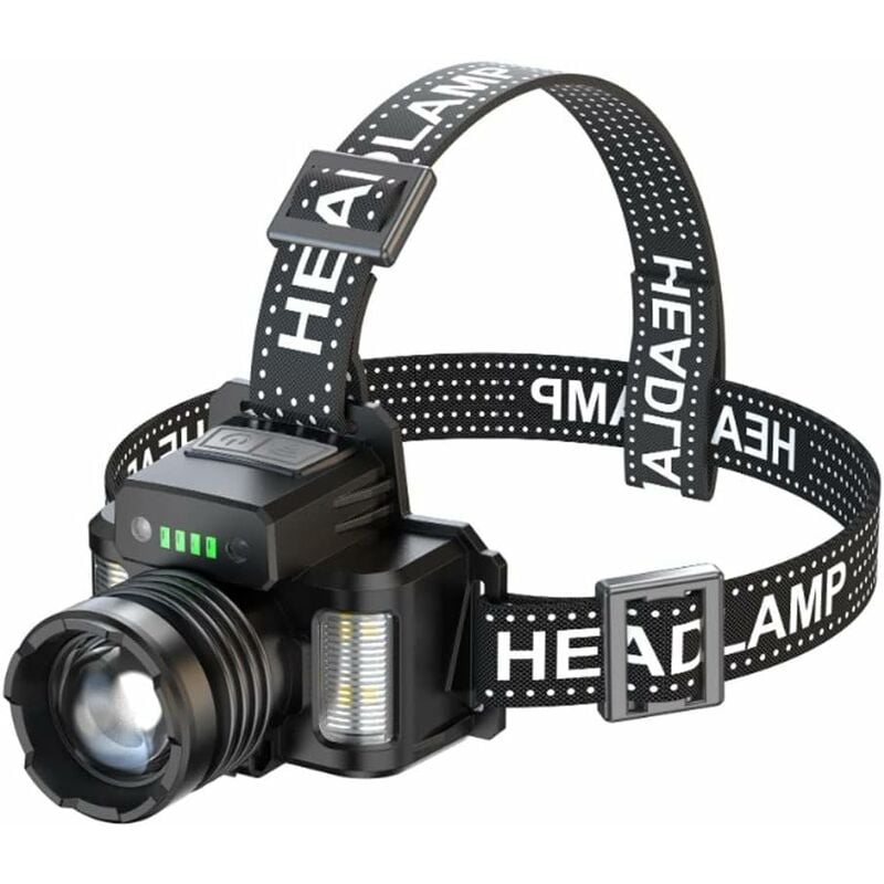 Gotrays - Lampe frontale, lampe frontale led haute puissance rechargeable avec perles de lampe 30 w et capteurs infrarouges + feux latéraux à trois