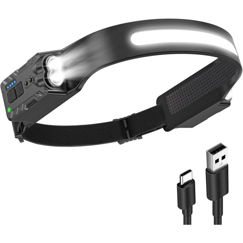 Lampe Frontale, Lampe Frontale LED Ultra Puissante avec 5 Modes d'Éclairage, Grand angle 340° Lampe Frontale Rechargeable avec Détecteur de