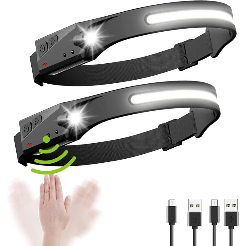 Lampe Frontale, Lampe Frontale led usb Rechargeable cob xpe Induction Étanche, 2Pcs Torche Frontale led 5 Modèles d'Éclairage pour Course, Pêche,