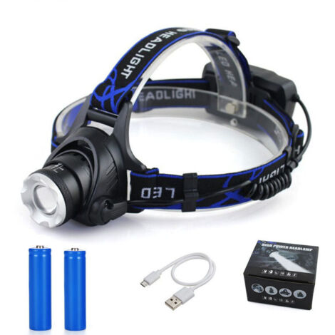 Lampe Frontale, Lampe Torche LED Rechargeable, Lampe Frontale 10000LM avec 3 Modes d’Eclairage avec Câble USB 2 Piles 18650 avec Voyant Lumineux pour Camping/Pêche/Escalade