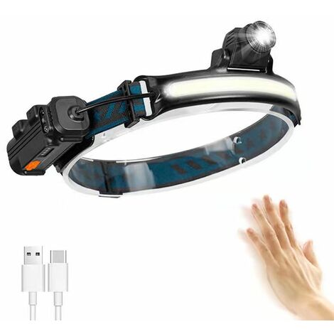 Lampe Frontale, Lampe Torche LED Rechargeable USB,Torche Frontale Zoom de Étanche IP65 Avec Mode Capteur Sensible pour Pêche, Camping, Course, Cyclisme [Classe énergétique A++]
