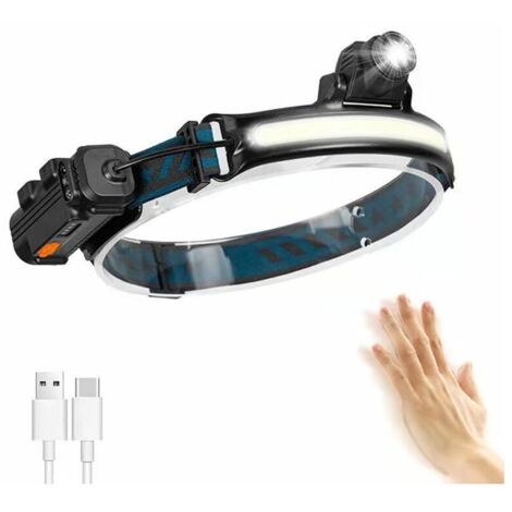 Lampe Frontale, Lampe Torche LED Rechargeable USB,Torche Frontale Zoom de Étanche IP65 Avec Mode Capteur Sensible pour Pêche, Camping, Course, Cyclisme [Classe énergétique A++]