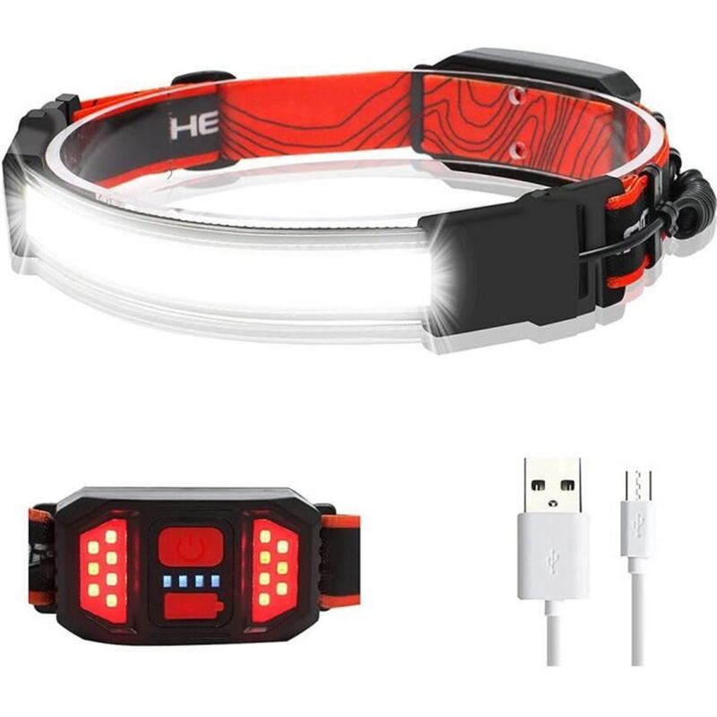 Lampe Frontale LED 3 Modes 230º Large Faisceau 1000LM Étanche Réglable Bandeau avec Feux Arrière Rouge
