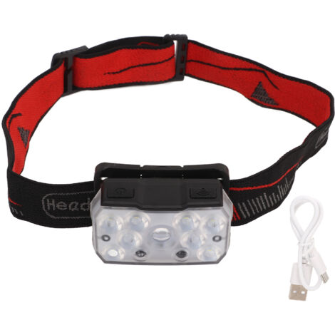 Lampe frontale LED à mise au point fixe avec capteur, ultra-lumineuse, étanche IPX4, rechargeable, avec lumière rouge et blanche pour l'extérieur