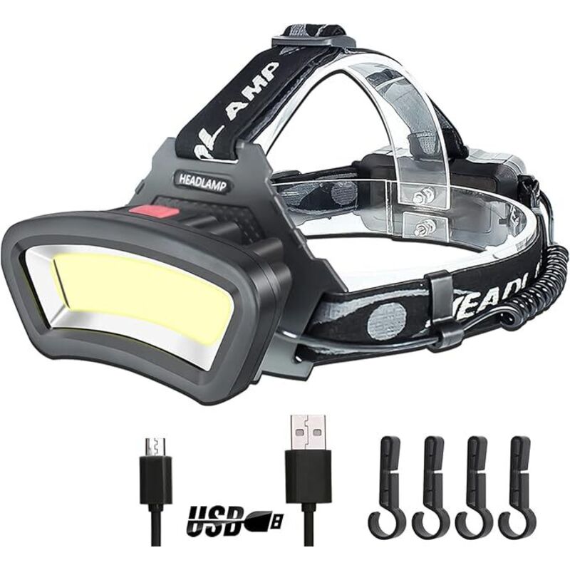 Lampe Frontale LED COB, USB Rechargeable étanche Phare 2000 lumens, avec lumière rouge, Lampe de travail pour casque, Entretien et construction de