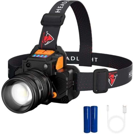 Lampe Frontale LED Étanche 2000 Lumens - Rechargeable USB Super Lumineuse - 3 Luminosités - Réglable 90° - pour Camping, Pêche, Jogging