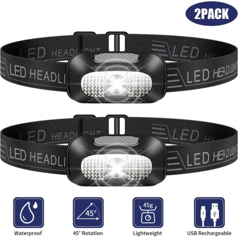 Lampe frontale LED, lampe frontale légère 2 pièces, lampe frontale étanche rechargeable USB super brillante pour le camping, la pêche, la course, le jogging, la randonnée, la lecture, le travail