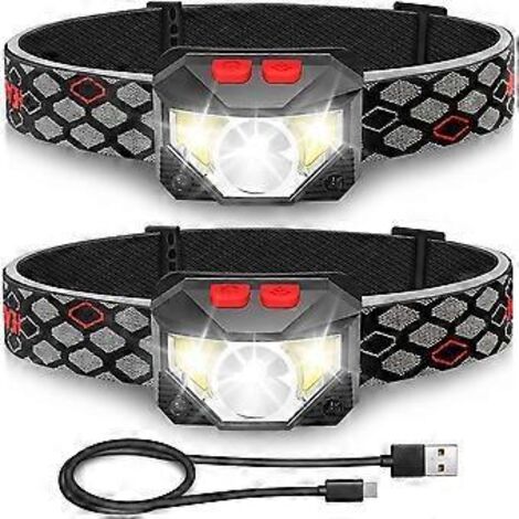 Lampe frontale LED, lot de 2 lampes torches ultra-lumineuses à détecteur de mouvement, 1000 lumens, 10 modes d'éclairage, batterie 1200 mAh rechargeable par USB, étanche, idéale pour le camping et la 