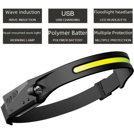 Lampe frontale LED portable à induction, rechargeable par USB, en silicone, avec éclairage puissant et puissant pour la course nocturne et l'extérieur (lot de deux noirs)