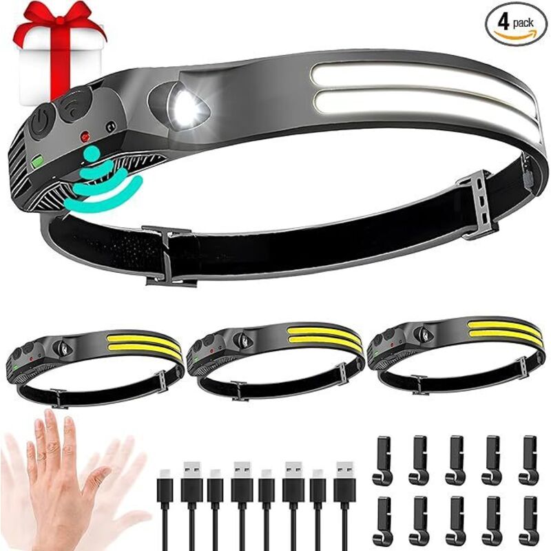 Lampe frontale LED puissante avec un grand angle de 230 degrés et 6 modes d'éclairage, dont 4 LED blanches pour la course, la pêche et la randonnée.