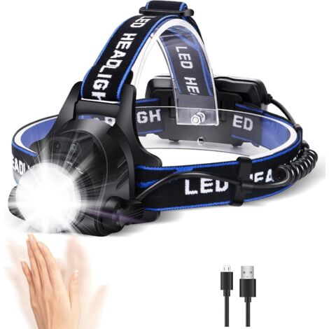 Lampe Frontale LED Puissante Rechargeable Torche Frontale Lampe Phare Orientable 3 Modes LED Frontale avec Câble USB et 2 Piles 18650 pour Peche Vélo Randonnée Course Camping