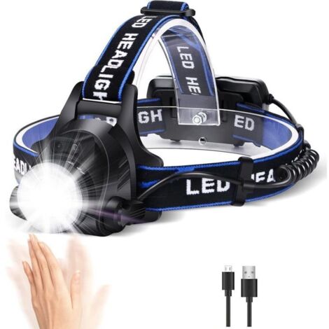 Lampe Frontale LED Puissante Rechargeable Torche Frontale Lampe Phare Orientable 3 Modes LED Frontale avec Câble USB et 2 Piles 18650 pour Peche Vélo Randonnée Course Camping