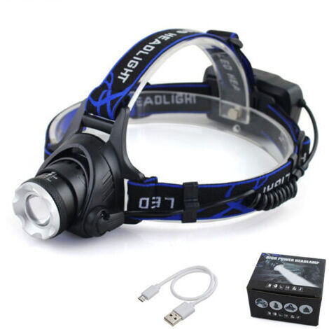 Lampe frontale LED rechargeable 1200LM, lampe frontale étanche IP64, zoomable, 3 modes avec câble USB, 2 batteries 18650 avec voyant lumineux pour camping, pêche, cyclisme, randonnée, 5 boucles