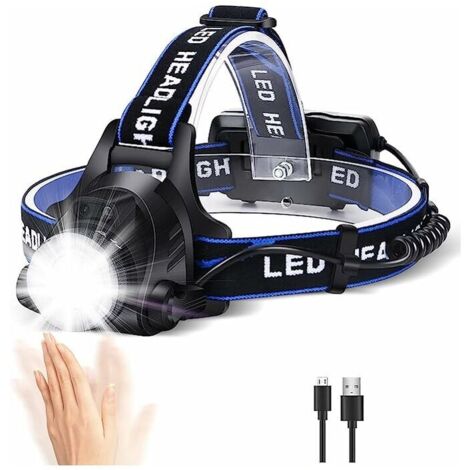 Lampe frontale LED rechargeable 3 modes avec câble USB et 2 piles 18650, convient pour la pêche, les sports de plein air et le camping.