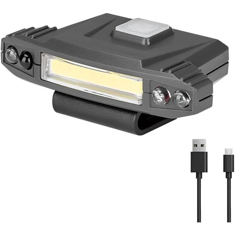 Lampe frontale LED rechargeable à clipser sur une casquette, lampe torche COB mains libres avec lumière blanche, lumière verte et détecteur
