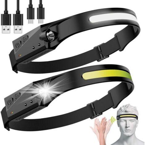 Lampe frontale LED rechargeable – Faisceau large 230° – 350 lumens – 5 modes d'éclairage – Étanche IPX4 – Confortable et léger