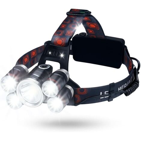 Lampe frontale LED rechargeable haute puissance - 5 LED CREE T6, 4 modes de lumière, piles incluses, sangle réglable, pour randonnée, cyclisme, chasse et camping [Classe énergétique A]