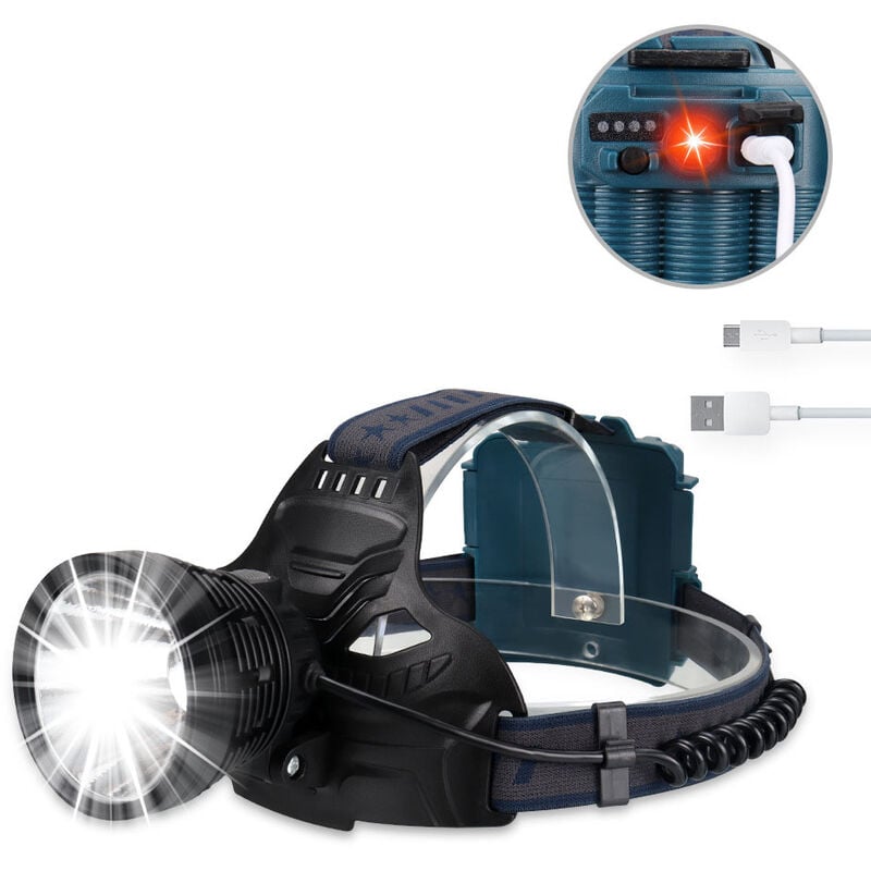 Lampe frontale led rechargeable pour adultes, 50W puissance, lampe frontale super lumineuse à 90 °, réglable à 4 modes, étanche IPX5, lampe frontale