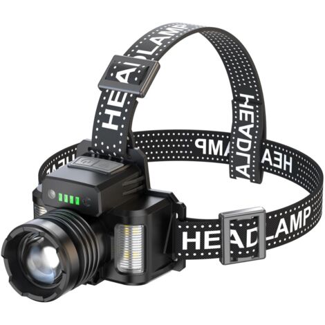 Lampe frontale LED rechargeable super puissante 1000 lumens, 3+3 modes, laser blanc, capteurs et lumières rouges et bleus, angle réglable USB avant Lampe de camping et de randonnée étanche IPX4