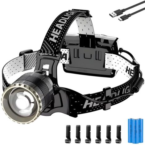 Lampe Frontale LED Rechargeable USB-C 90000 Lumens 4 Modes Capteur Zoom IP65 Étanche 90° pour Camping