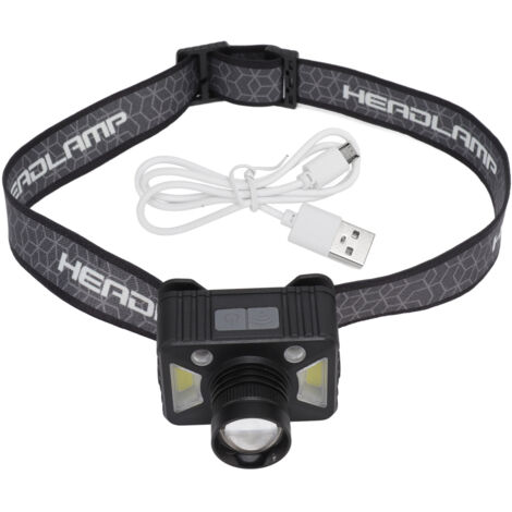 Lampe frontale LED rechargeable USB, légère et compacte, idéale pour randonnée, camping et voyages extérieurs.