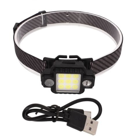 Lampe frontale LED rechargeable USB, légère et multifonction avec aimants, modes lumière rouge et bleue pour activités nocturnes extérieures.
