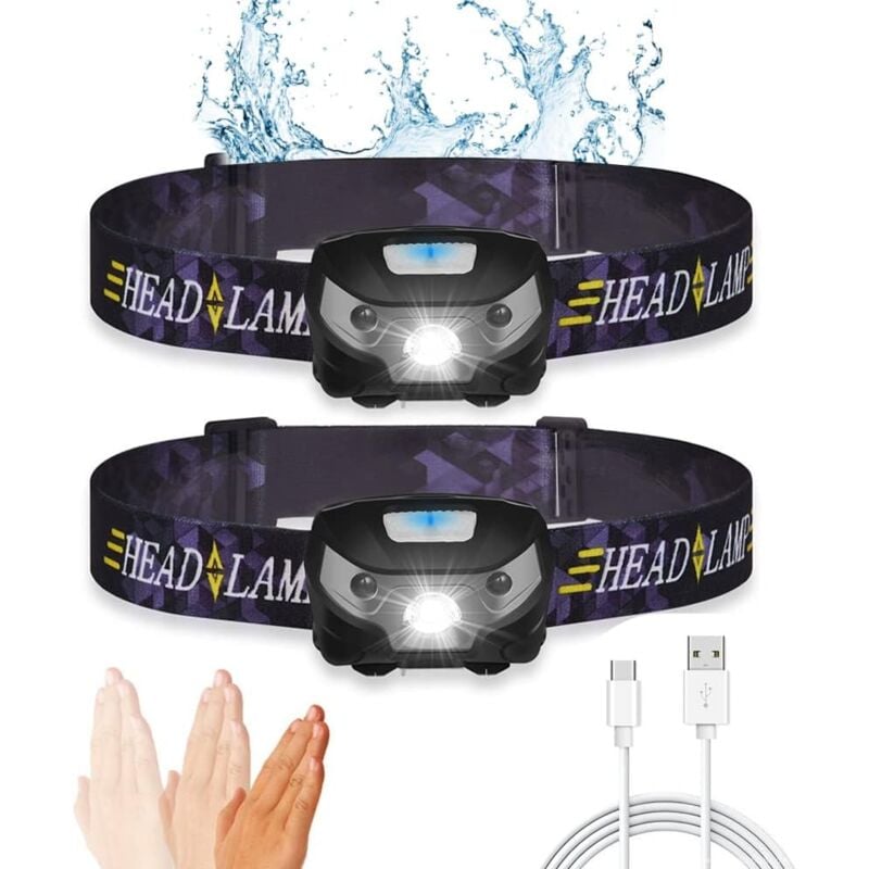 Lampe Frontale LED Rechargeable USB Torche,4 Modes d'Eclairage,1 200 mAh, Torche Frontale Puissante pour Cyclisme, Camping, Randonnée, Pêche - 2 Pcs