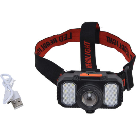 Lampe frontale LED rechargeable USB, zoom ajustable, double source lumineuse, étanche, portable pour pêche et course.