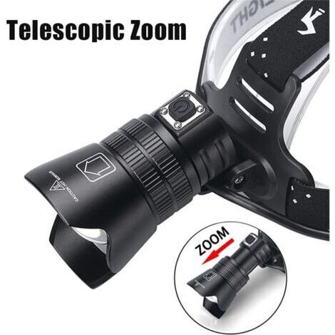 Lampe Frontale LED Rechargeable, ZoomableTorche Frontale avec 3 Modes, Lampe Frontale Étanche pour Chasse, Pêche, Camping