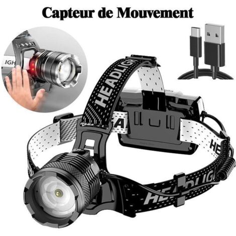 Lampe Frontale LED Rechargeable,Super Lumineux 50000 Lumens 6 Modes LED,Capteur et Lumière Rouge,Rechargeable par USB 7800 mAh