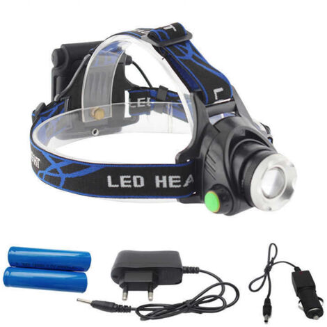 Lampe frontale LED T6, zoomable, rechargeable par USB, sans fil, 3 modes, lampe frontale de camping, batterie 18650, avec indicateur de charge [Classe énergétique A]