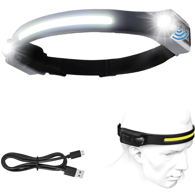 Lampe frontale LED ultra puissante, 1200 lm super lumineuse rechargeable USB avec détecteur de mouvement, 5 modes d'éclairage et grand angle de 230