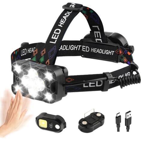 Lampe Frontale LED Ultra Puissante Rechargeable avec Feu Arrière Amovible, 9 Modes pour Capteur de Mouvement, Ajustable 225°, IPX4 Étanche, Convient pour Randonnée Camping Pêche Course