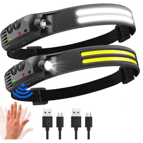 Lampe Frontale LED Ultra Puissante,2000 Lumens Éclairage 230° Torche Frontale Rechargeable USB Capteur De Mouvement,Étanche IPX5 , 2 Pièces