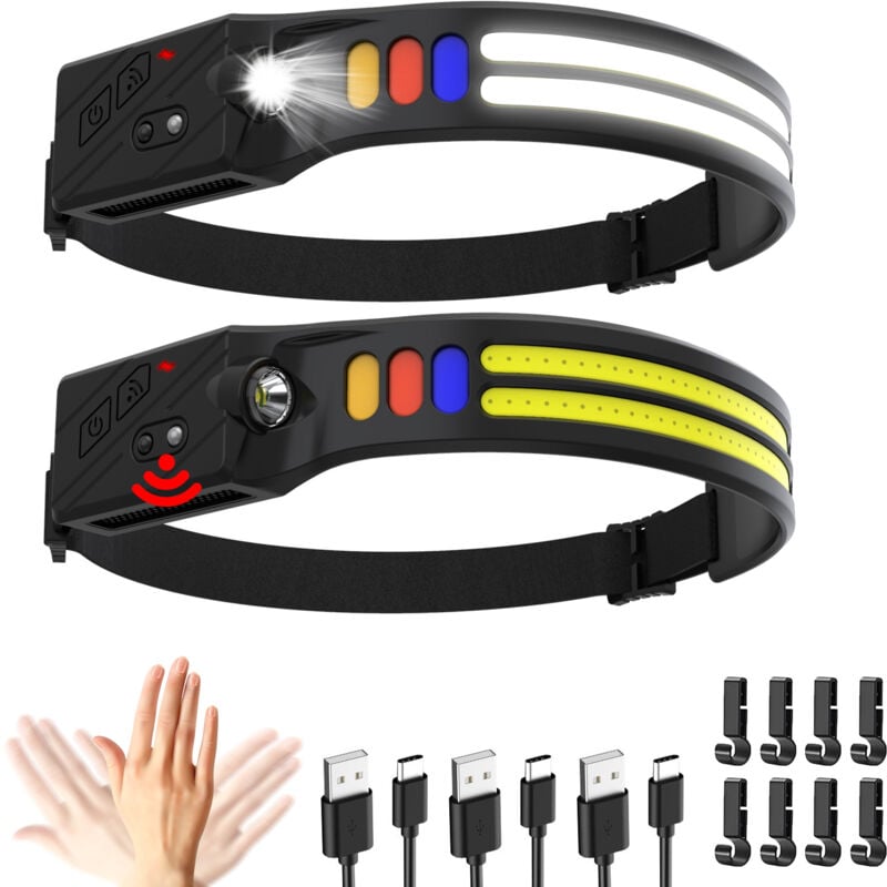 Lampe Frontale LED Ultra Puissante,2000 Lumens Éclairage 230° Torche Frontale Rechargeable USB Capteur De Mouvement,Étanche IPX5 Poids 0.14lb