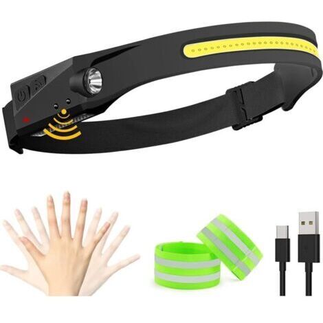 Lampe Frontale LED USB, 230° Éclairage Grand Angle Puissante Torche Frontale Étanche, Toutes Perspectives Jogging Lampe Frontale à Induction avec 2 Bandes Élastiques Réfléchissantes de Randonnée-RAPAN