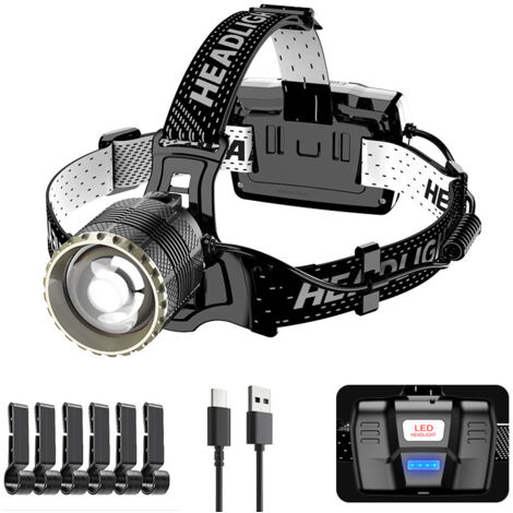 Lampe Frontale LED USB-C rechargeable, super puissante 800 lumens, zoom 3 modes avec capteur, batterie 7800mAh, zoom, étanche IP45, angle réglable, pour le camping [Classe d'efficacité énergétique A++