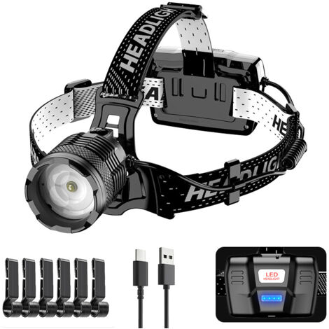 Lampe Frontale LED USB-C Rechargeable, Ultra Puissante 90000 Lumens 4 Modes Lampe Frontale avec Capteur, Batterie 9000mAh Zoom IP65 Étanche Angle de 90 ° Réglable pour Camping en Extérieur [Classe éne