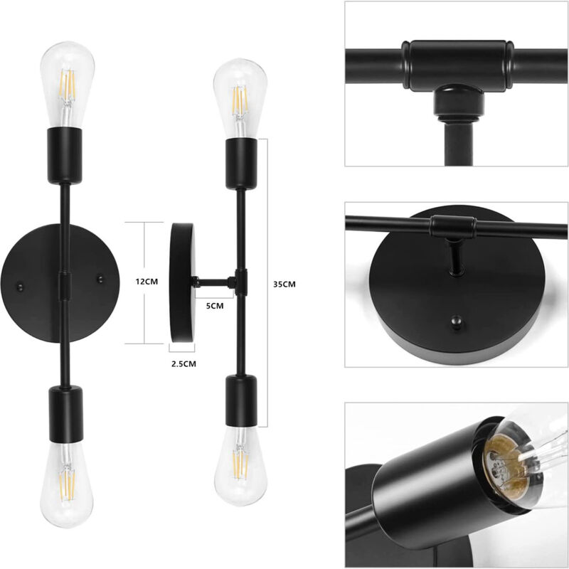 Lampe frontale miroir de salle de bain vintage en fer forgé double tête de salle de bain 220V noir avec Ampoule LED