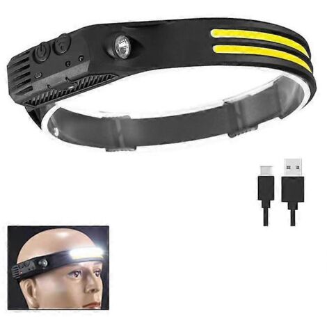 Lampe frontale rechargeable, 1000 lumens, faisceau large à 230°, ultra-lumineuse, avec capteur mains libres, LED, batterie 1500 mAh, étanche IPX5, légère.