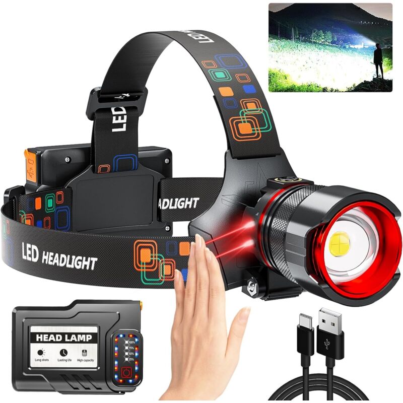 Lampe frontale rechargeable 1080 lumens, lampe frontale LED ultra-lumineuse avec détecteur de mouvement, 5 modes, étanche IPX7, réglable à 125°,
