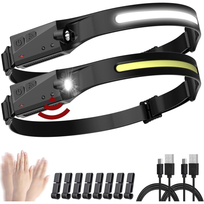 Lampe Frontale Rechargeable, 2 Pièces 350 Lumens 5 Modes Lampe Frontale LED Ultra Puissante Capteur De Mouvement USB IPX4 Étanche Torche