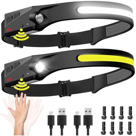 Lampe Frontale Rechargeable - Faisceau Large 230° avec Capteur de Mouvement - Pour Randonnée Camping Pêche Réparation Cyclisme - 2 Pièces