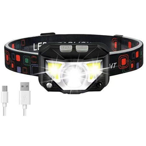 Lampe frontale rechargeable, lampe de poche à capteur de lumière LED puissante, étanche, 6 modes, adaptée à la pêche et à la course à pied