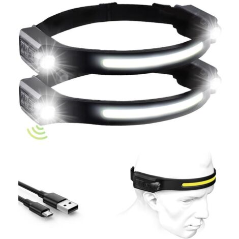 Lampe Frontale Rechargeable LED, 1200LM Lampe Torche Frontale, Lampe frontale double 12 heures d'autonomie, 5 modes d'éclairage, légère avec détecteur de mouvement, étanche IPX4(Noir, 2pack)