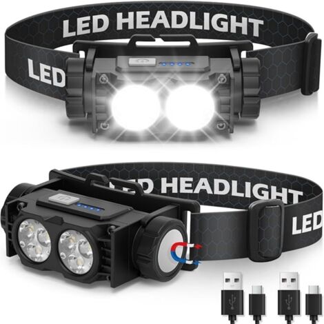 Lampe frontale rechargeable, lot de 2 lampes frontales LED ultra-lumineuses de 2000 lumens, 3 modes d'éclairage, étanche, idéale pour le camping, la course à pied et le vélo.