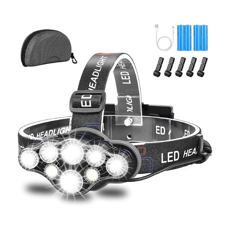 ZVD - Lampe Frontale Rechargeable usb 18000lm - 8 LEDs 8 Modes - Réglable à 90° - Étanche - Légère - Pêche, Camping, Lecture, Randonnée