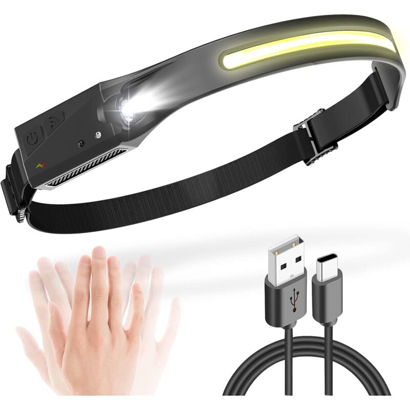 Lampe Frontale Rechargeable USB, 5 Mode d’Éclairage Détecteur de Mouvement Lampe Torche Frontale Léger Étanche