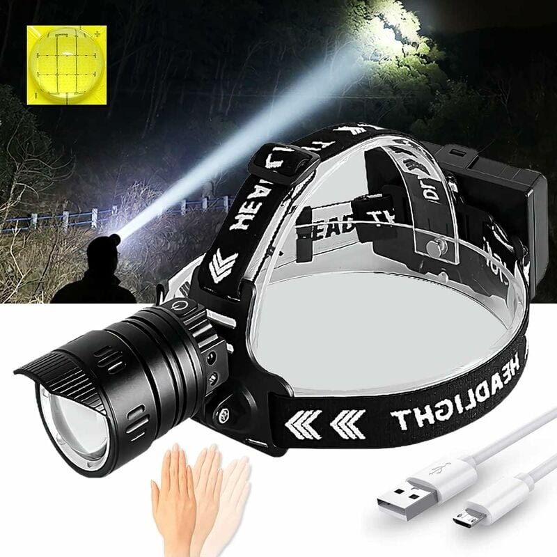 Lampe Frontale Super Brillante 10000 Lumens, Lampe frontale XHP90.2 Rechargeable usb avec Capteur de Mouvement, 3 Modes D'éclairage, Zoomable pour
